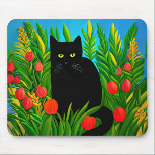 Tapis De Souris Petit chat noir dans un jardin de tulipes