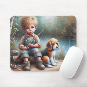 Tapis De Souris Petit Garçon Pêche Avec Son Beagle