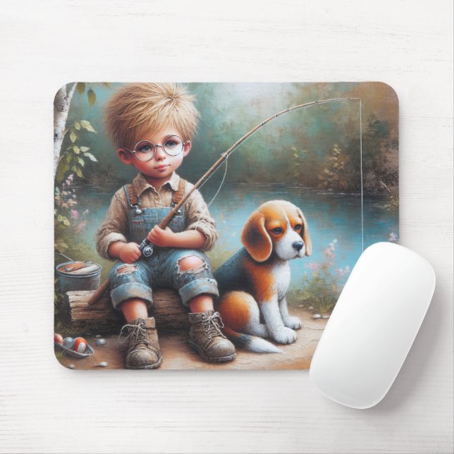 Tapis De Souris Petit Garçon Pêche Avec Son Beagle (Avec souris)