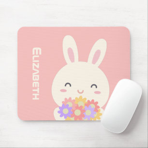 Tapis De Souris Petit Lapin Doux & Fleurs Nom Personnalisé Rose