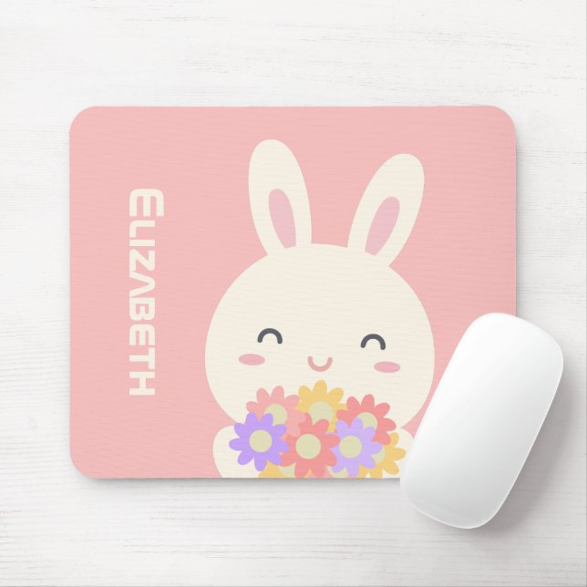 Tapis De Souris Petit Lapin Doux & Fleurs Nom Personnalisé Rose (Avec souris)