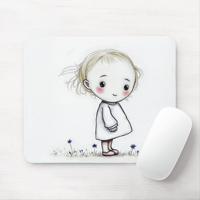 Tapis De Souris Petite Esquisse De Fille Avec Fleur sauvage (Avec souris)