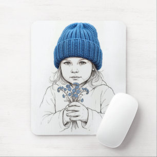Tapis De Souris Petite Fille Au Chapeau Bleu avec Fleurs de Ne-m'o