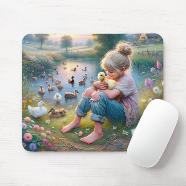 Tapis De Souris Petite fille avec canards (Avec souris)