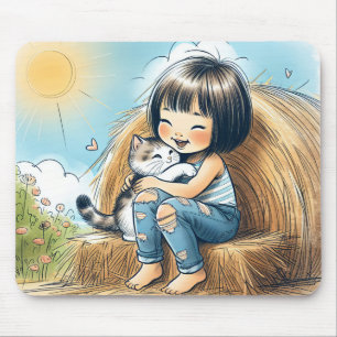 Tapis De Souris Petite fille avec chat animal