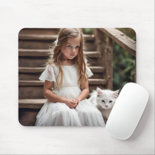 Tapis De Souris Petite Fille Avec Chat Blanc