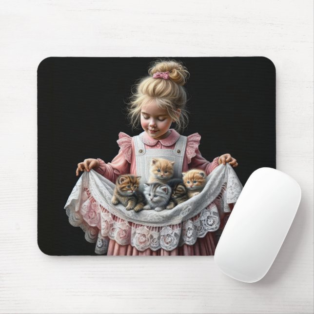Tapis De Souris Petite Fille Avec Chatons Dans Son Tablier (Avec souris)