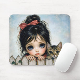 Tapis De Souris Petite Fille avec Grands Yeux et Chat de Compagnie