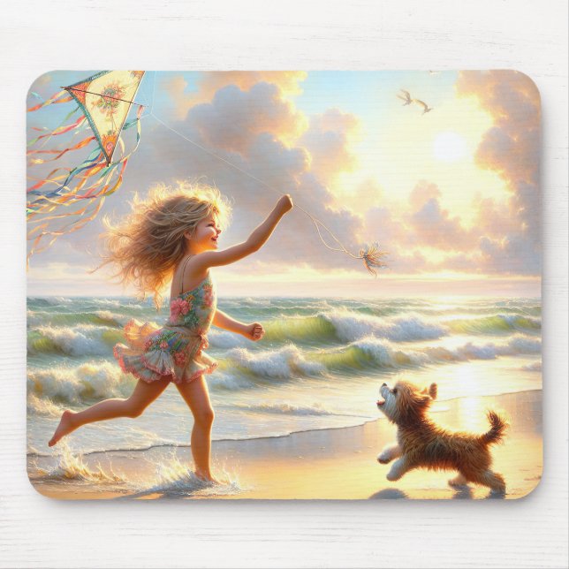 Tapis De Souris Petite Fille Avec Kite Sur Une Plage (Devant)