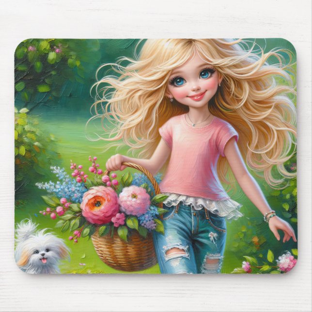 Tapis De Souris Petite Fille Avec Panier À Fleurs (Devant)