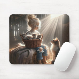 Tapis De Souris Petite Fille Avec Panier De Chatons