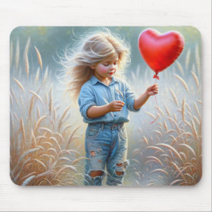 Tapis De Souris Petite fille avec un ballon de coeur rouge