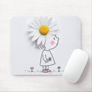 Tapis De Souris Petite fille avec une marguerite blanche