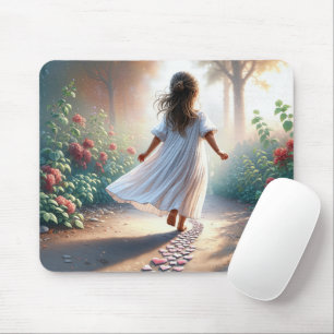 Tapis De Souris Petite fille courant sur un chemin de cœur