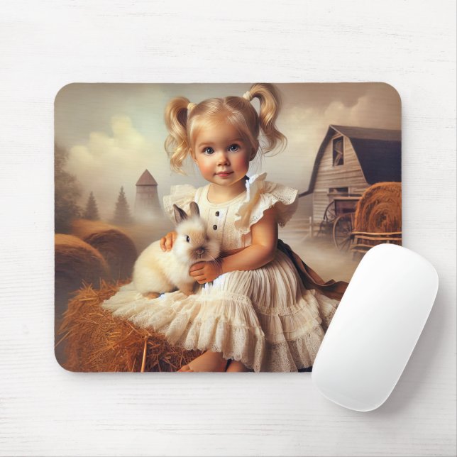 Tapis De Souris Petite fille et lapin sur Hay Bale (Avec souris)