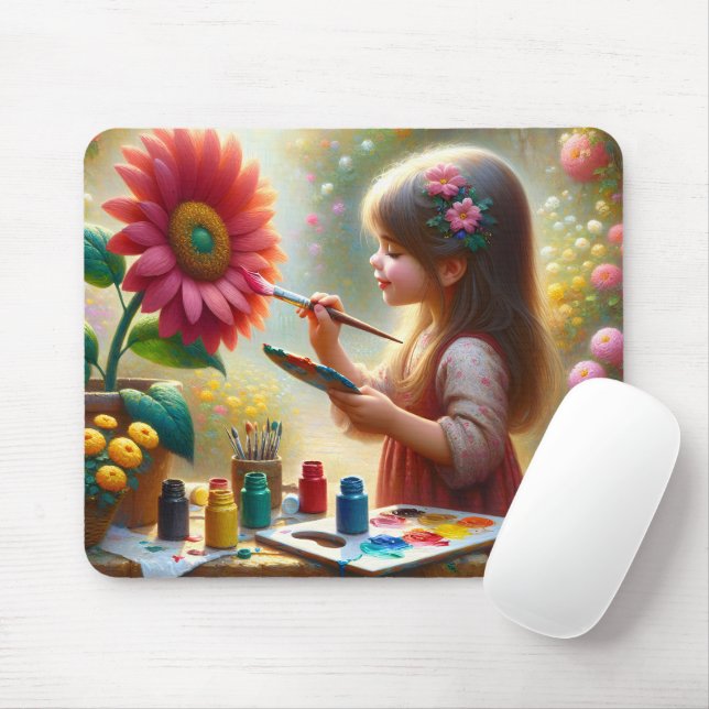 Tapis De Souris Petite fille peindre une fleur (Avec souris)