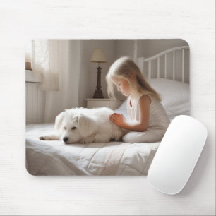 Tapis De Souris Petite Fille Priant Avec Chien