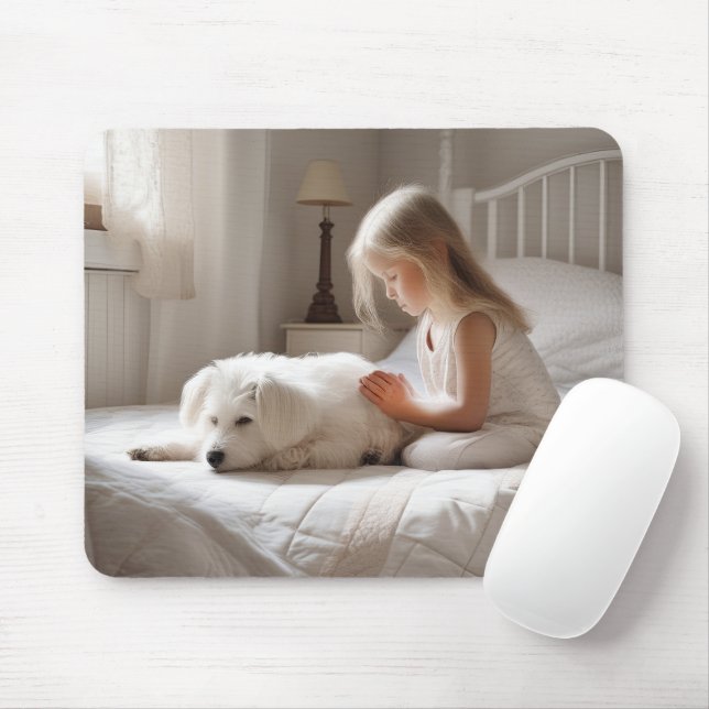 Tapis De Souris Petite Fille Priant Avec Chien (Avec souris)