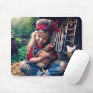 Tapis De Souris Petite fille serrant un poulet
