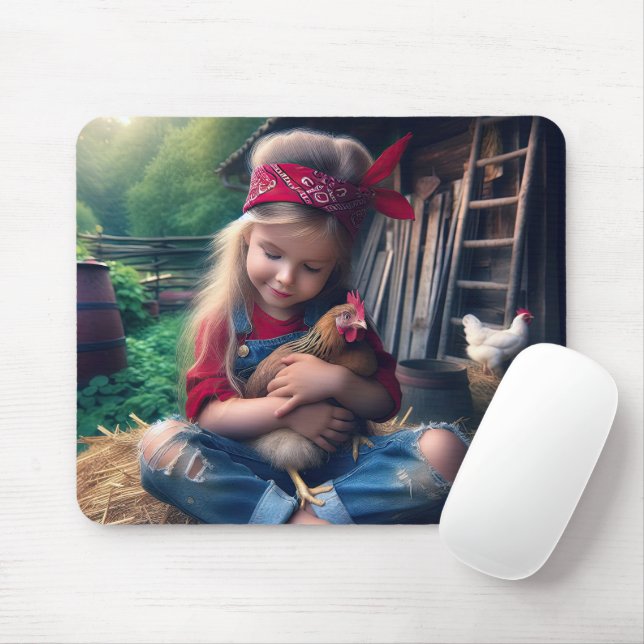 Tapis De Souris Petite fille serrant un poulet (Avec souris)