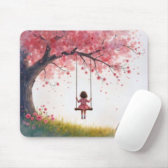 Tapis De Souris Petite fille sur une aile de cerisier (Avec souris)
