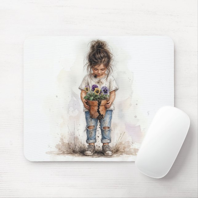 Tapis De Souris Petite Fille Tenant un Pot de Fleurs Cassé (Avec souris)