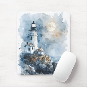 Tapis De Souris Phare éclairé par la lune sur une côte rocheuse