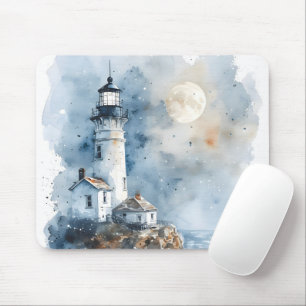 Tapis De Souris Phare éclairé par la lune sur une côte rocheuse