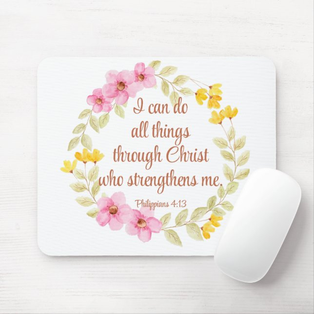 Tapis De Souris Philippiens 4:13 Écriture florale rose et jaune (Avec souris)