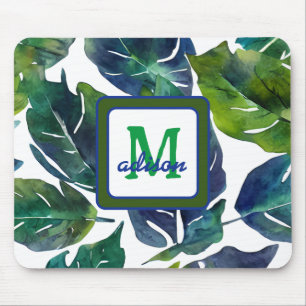 Tapis De Souris Philodendron vert et bleu du feuillage Monogramme
