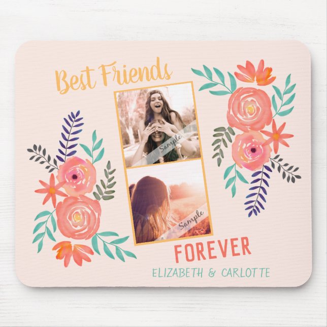 Tapis De Souris Photo BFF personnalisée Corail Rose Aquarelle Flow (Devant)