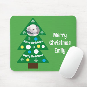 Tapis De Souris Photo de chien mignon dans un arbre de Noël vert c