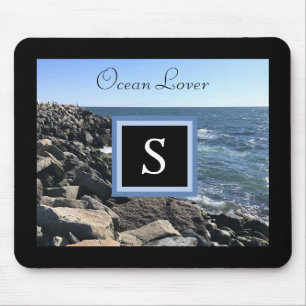 Tapis De Souris Photo de Sea Waves et Rocks Cadre initial Noir