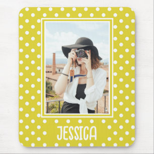 Tapis De Souris Photo personnalisée et nom de la Polka jaune vif