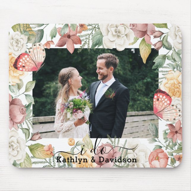 Tapis De Souris Photo Rustique Mariage Floral Papillon rose Je fai (Devant)