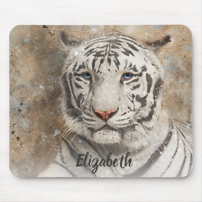 Tapis De Souris Photographie du tigre du Bengale blanc Aquarelle m (Devant)