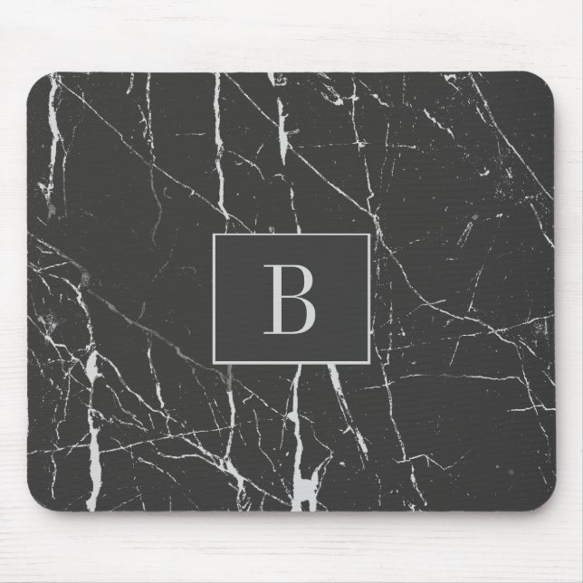 Tapis De Souris Pierre en marbre noir et gris monogramme (Devant)