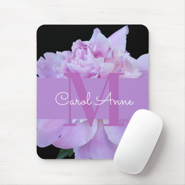 Tapis De Souris Pierre rose violet Monogramme floral noir (Avec souris)