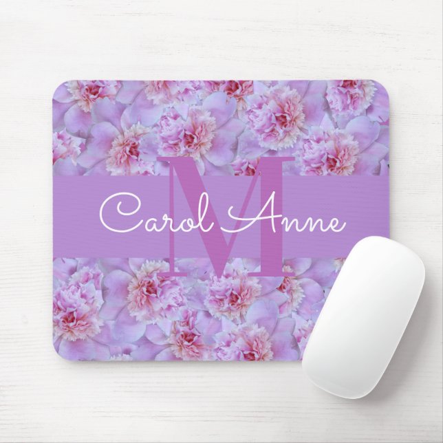 Tapis De Souris Pies roses Monogramme violet Floral (Avec souris)