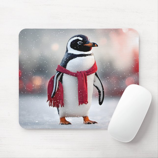 Tapis De Souris Pingouin Avec Écharpe Rouge Dans Les Snowflakes (Avec souris)