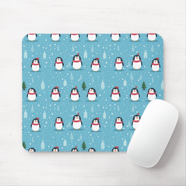 Tapis De Souris Pingouins mignons en bleu clair avec des flocons d (Avec souris)