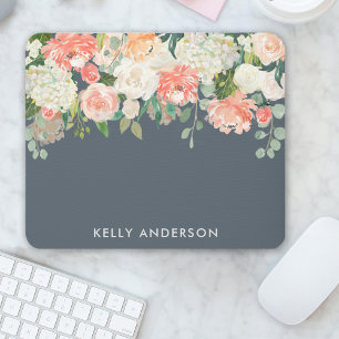 Tapis De Souris Pink and Gray Watercolor Floral with Your Name
