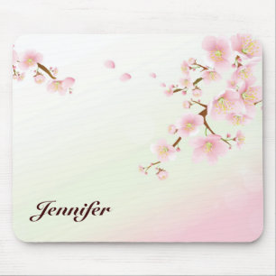 Tapis De Souris Pink and White Cherry Blossom Nature Monogram