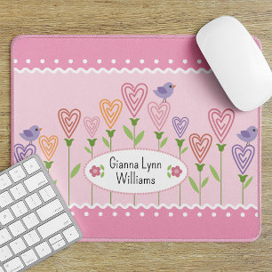 Tapis De Souris Pink and White Floral Hearts Monogrammed