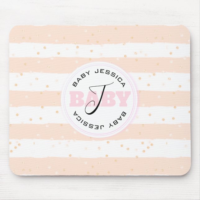 Tapis De Souris Pink and White Monogrammed Baby Stripes (Devant)
