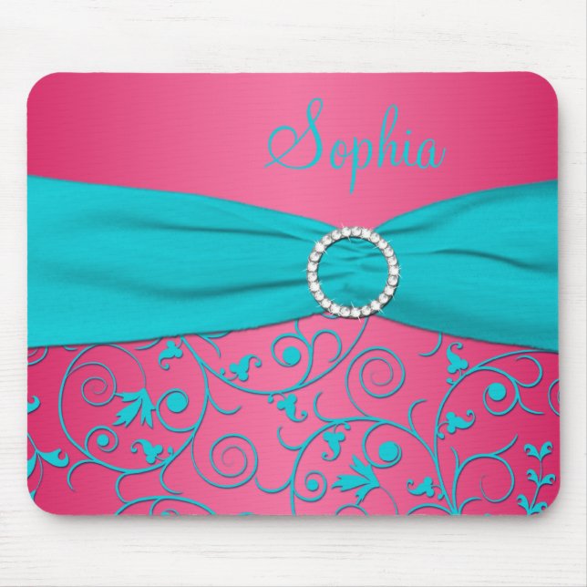 Tapis De Souris Pink et Aqua Damask Mousepad (Devant)