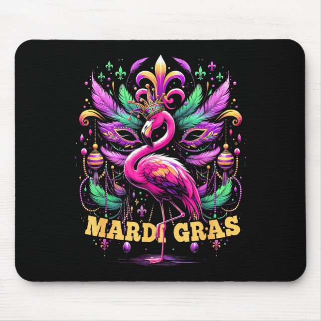 Tapis De Souris Pink Flamingo Mardi Gras Crown And Beads Mask Carn (Devant)