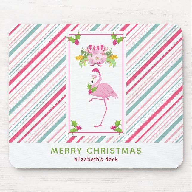 Tapis De Souris Pink Flamingo Santa Hat Candy Canes and Holly (Devant)