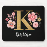 Tapis De Souris Pink Floral Monogram<br><div class="desc">A beautiful, feminine monogrammed pink floral mouse pad, featuring pink flowers and a faux gold monogram letter K on a black background. Personalize the mouse pad by adding your name underneath the monogram. Makes a fun gift for a friend or for a bridesmaid gift. Designed for you by Blackberry Boulevard....</div>