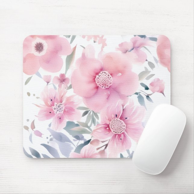 Tapis De Souris Pink Floral Watercolor  (Avec souris)